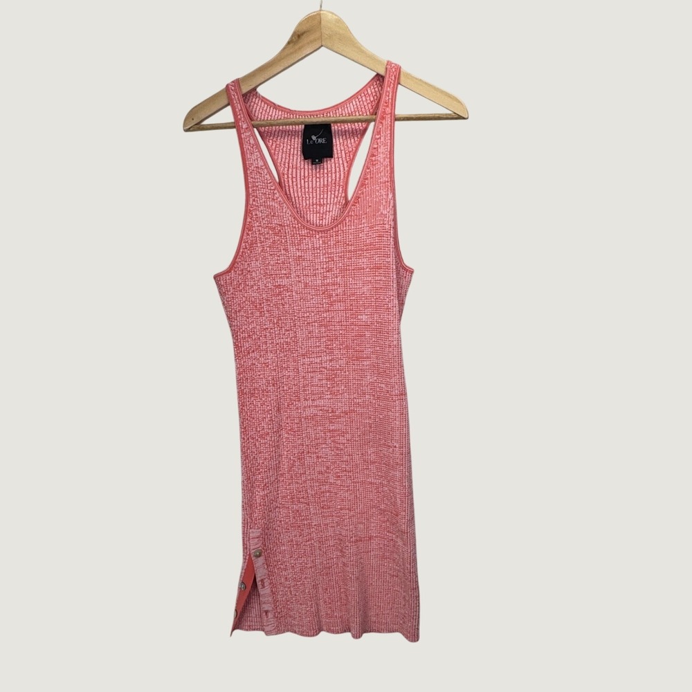 Le Ore Ribbed‎ Racerback Tank Mini Dress Sz M Coral Pink Side Slit Button Detail